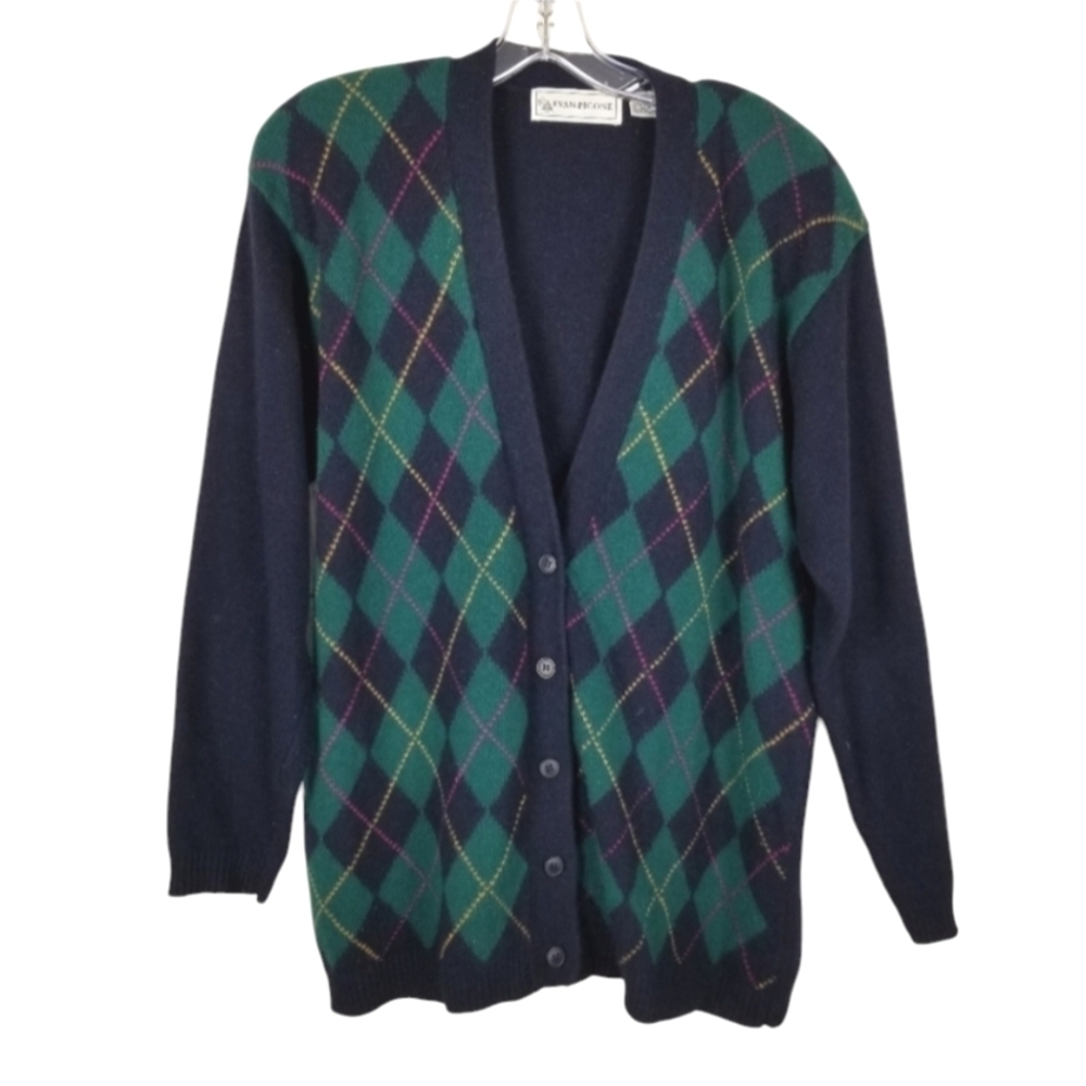 Evan Picone Womens Argyle Lambs Wool Angora Cardigan Sweater Medium Blue Green